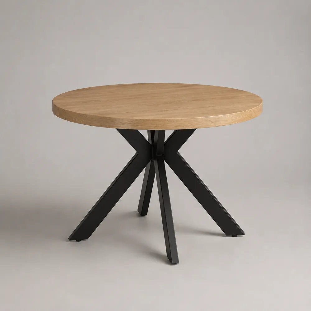 table à manger ronde 110 cm plateau effet chêne naturel piètement croisé acier noir 110 cm hauteur 75 cm