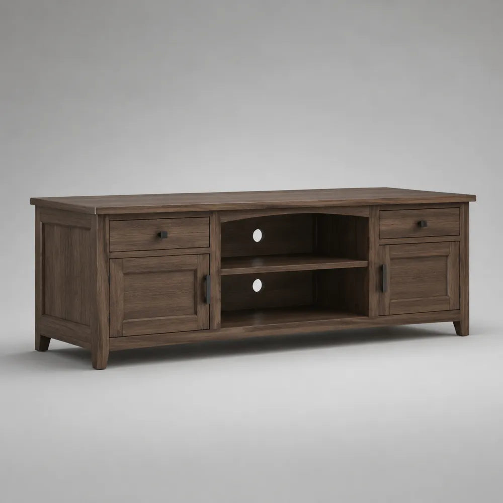 Meuble TV 180 x 40 x 55 cm bois effet noyer foncé MDF mélaminé 2 tiroirs 2 portes niches ouvertes forme rectangulaire