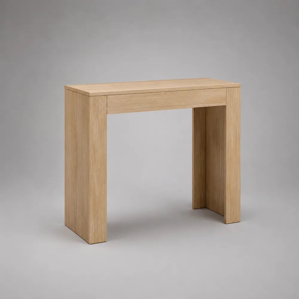 Console d'entrée 100 cm x 30 cm x 80 cm en MDF mélaminé chêne clair forme rectangulaire structure ouverte avec pieds latéraux pleins