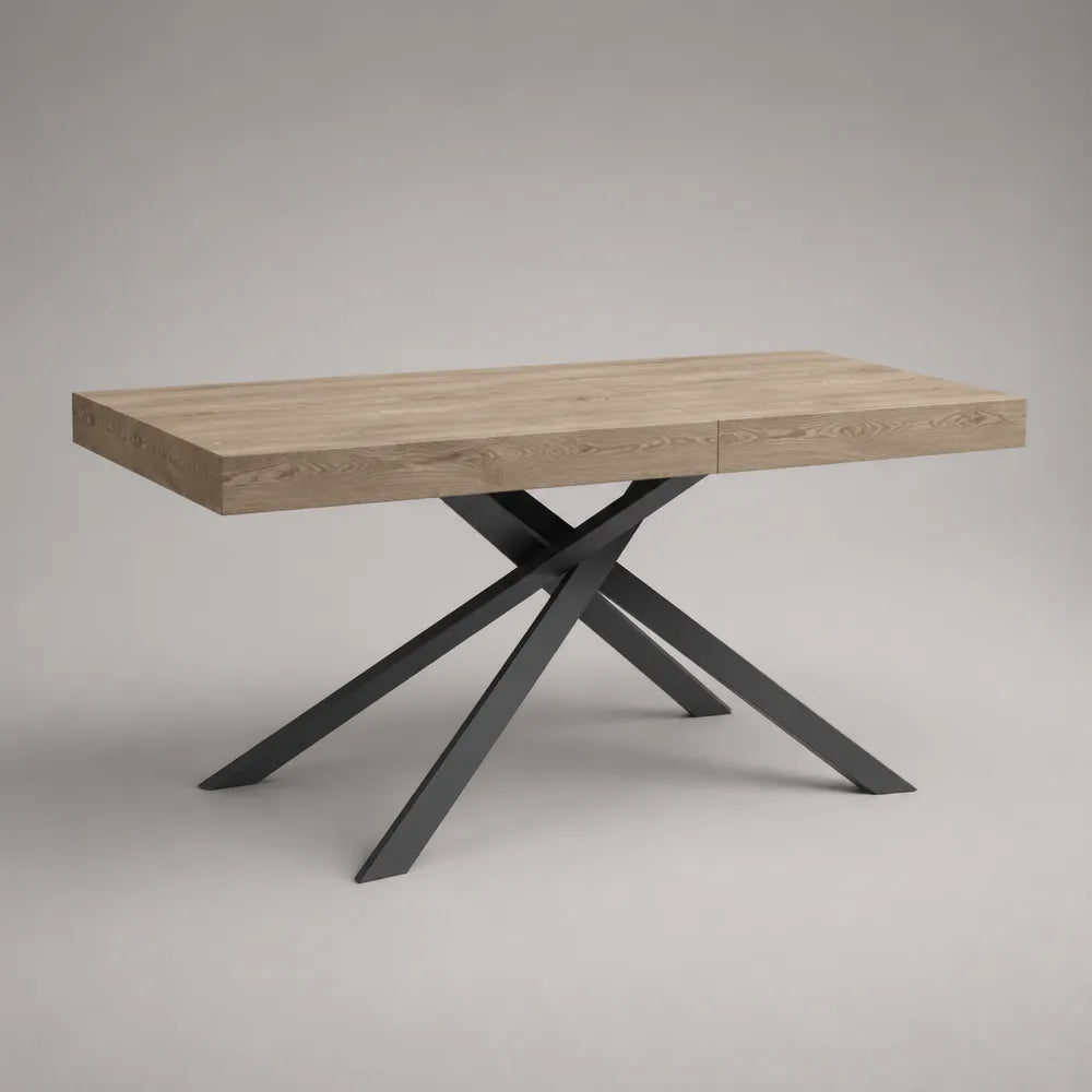 Table à manger rectangulaire 160 cm x 90 cm x 75 cm en bois effet chêne clair avec piètement en acier noir croisé