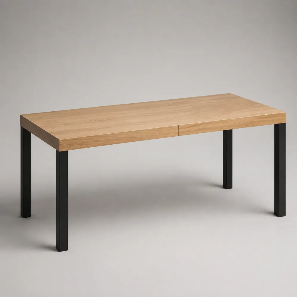 table à manger rectangulaire 140 cm plateau effet chêne clair pieds en acier noir 140 x 80 x 75 cm