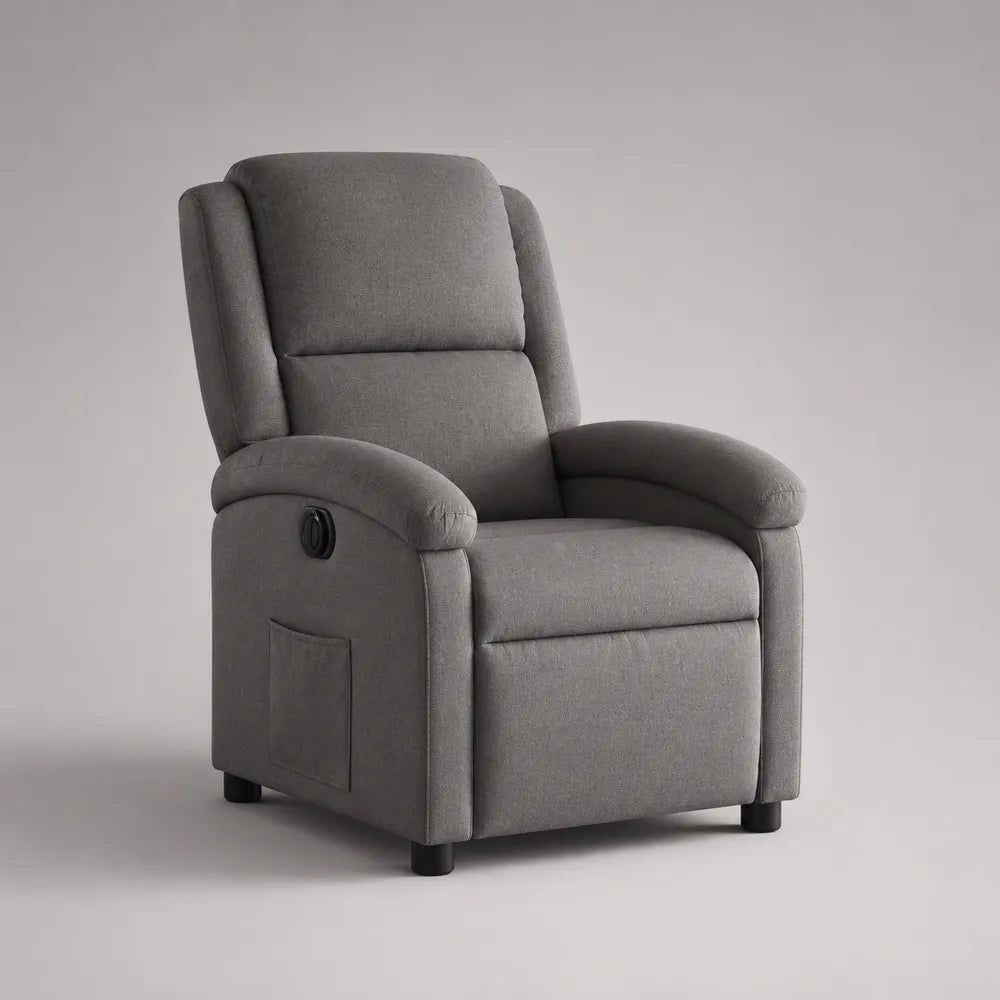 Fauteuil relax inclinable 80 cm 90 cm 105 cm tissu polyester gris mécanisme manuel structure bois et métal dossier rembourré repose-pieds intégré