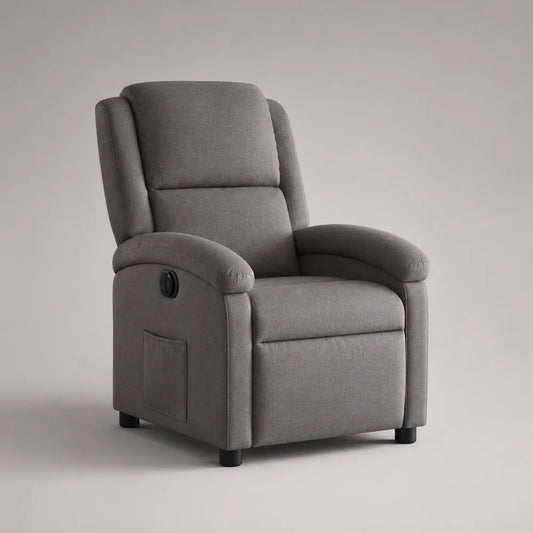 Fauteuil relax inclinable 80 cm 90 cm 105 cm tissu polyester gris mécanisme manuel structure bois et métal dossier rembourré repose-pieds intégré