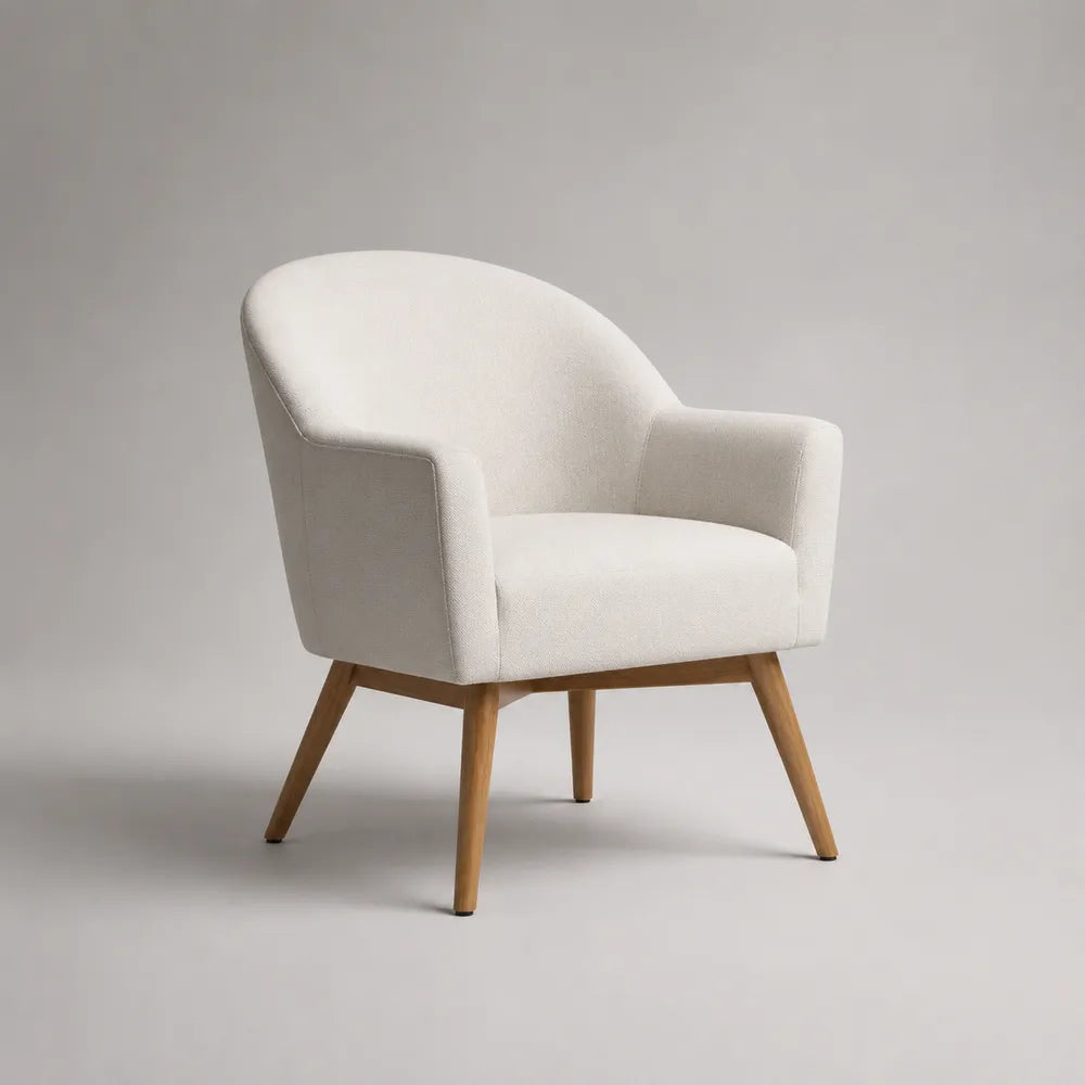 Fauteuil 72 x 70 x 78 cm en tissu polyester blanc crème avec pieds en bois massif forme arrondie