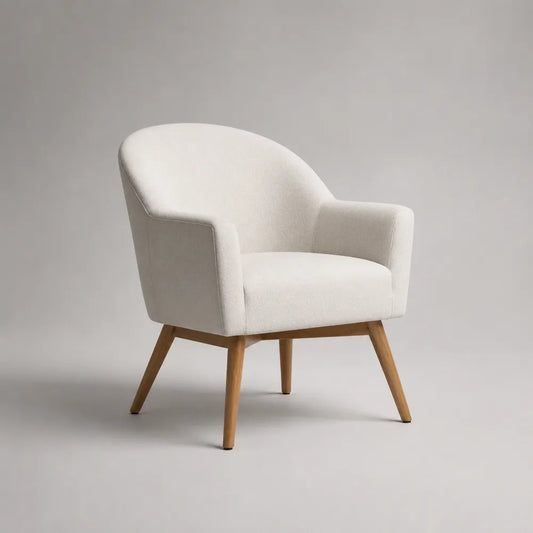 Fauteuil 72 x 70 x 78 cm en tissu polyester blanc crème avec pieds en bois massif forme arrondie