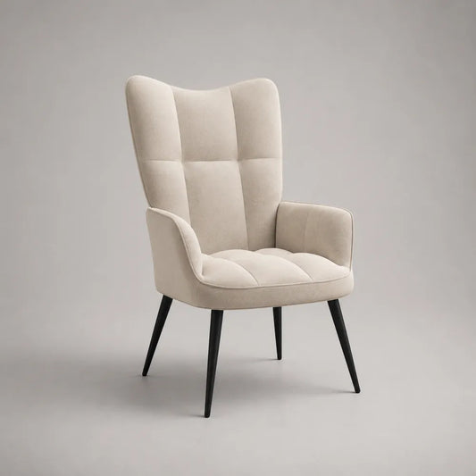 Fauteuil de salon 60 x 70 x 95 cm tissu polyester beige dossier capitonné pieds métal noir et doré forme compacte