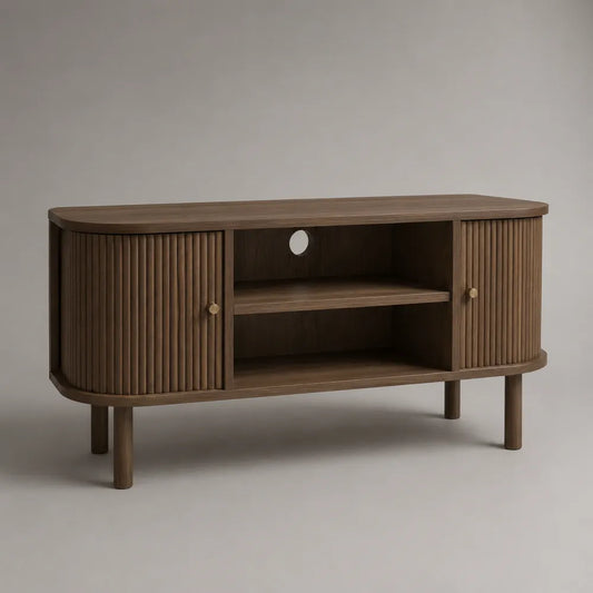 Meuble TV 180 cm 40 cm 55 cm MDF placage noyer portes battantes striées niche centrale forme rectangulaire bords arrondis