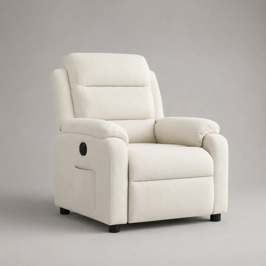 Fauteuil relax inclinable 85 x 90 x 105 cm en polyester microfibre blanc crème avec commande latérale et pieds noirs