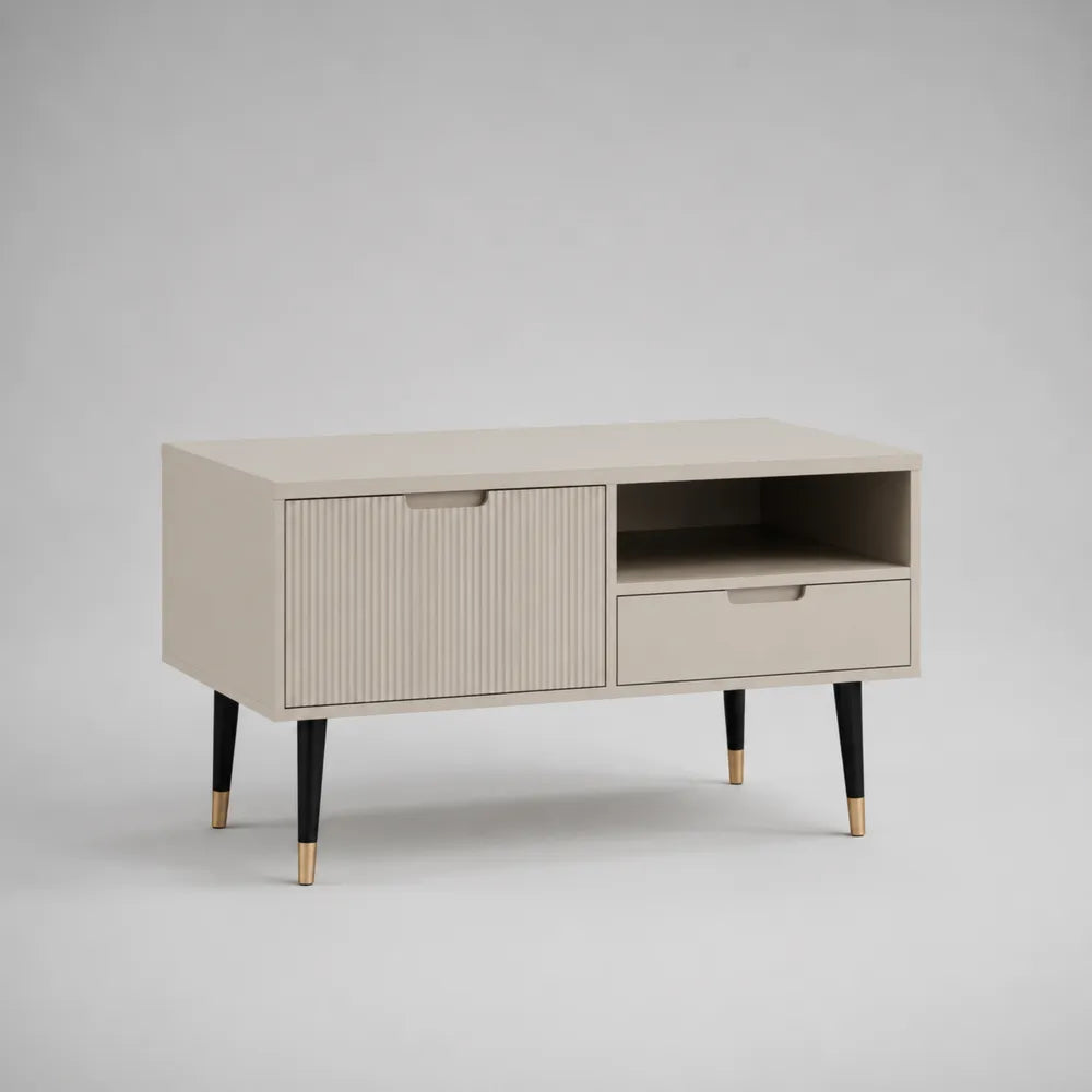 Meuble TV 120 x 40 x 55 cm MDF mélaminé beige porte coulissante tiroir niche ouverte pieds métal noir et doré forme rectangulaire