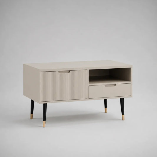Meuble TV 120 x 40 x 55 cm MDF mélaminé beige porte coulissante tiroir niche ouverte pieds métal noir et doré forme rectangulaire