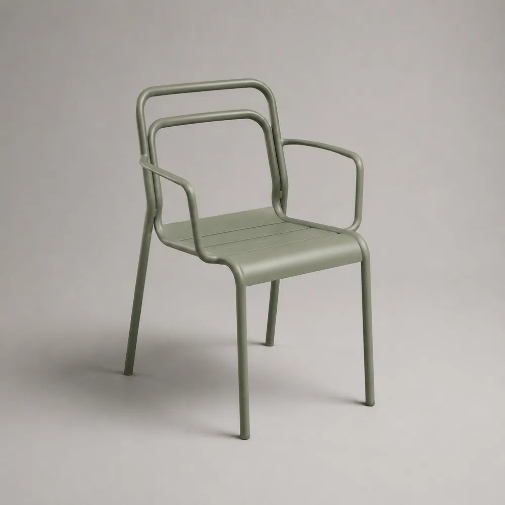 Chaise de jardin 58 cm x 55 cm x 80 cm en acier tubulaire peint époxy vert sauge avec accoudoirs forme rectangulaire