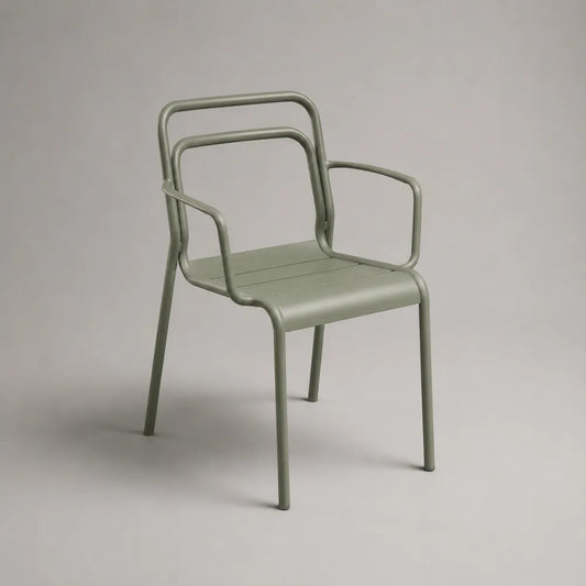 Chaise de jardin 58 cm x 55 cm x 80 cm en acier tubulaire peint époxy vert sauge avec accoudoirs forme rectangulaire