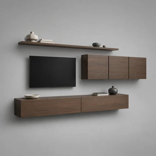 Ensemble meuble TV mural 240 cm 35 cm 180 cm MDF placage noyer brun composition murale avec meuble bas et rangements suspendus