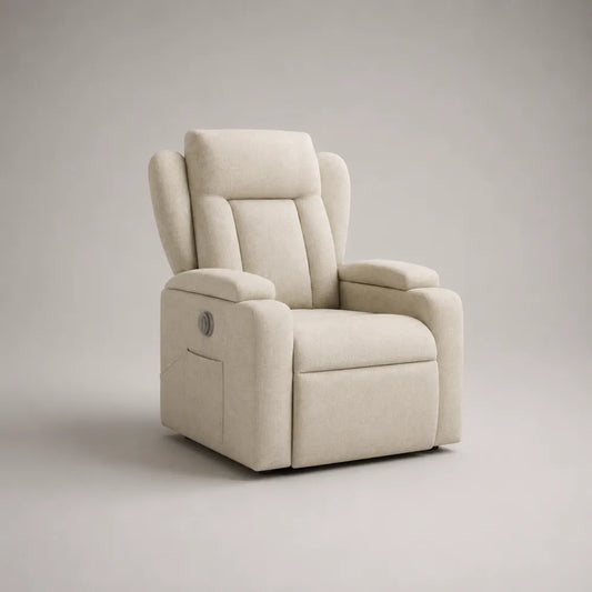 Fauteuil relax électrique inclinable 80 x 90 x 105 cm en tissu polyester écru avec commande latérale et repose-pieds intégré