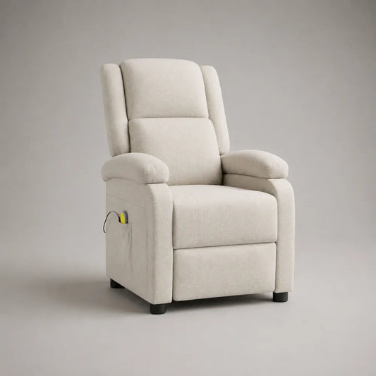 Fauteuil relax électrique inclinable 80 x 90 x 105 cm en tissu polyester écru avec repose-pieds intégré et commande latérale