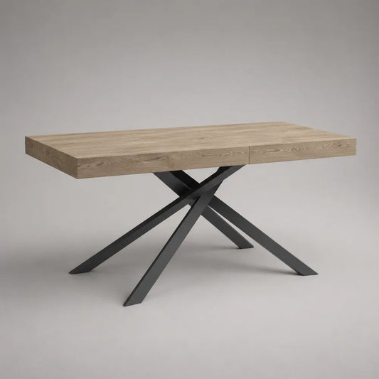 Table à manger rectangulaire 160 cm x 90 cm x 75 cm en bois effet chêne clair avec piètement en acier noir croisé