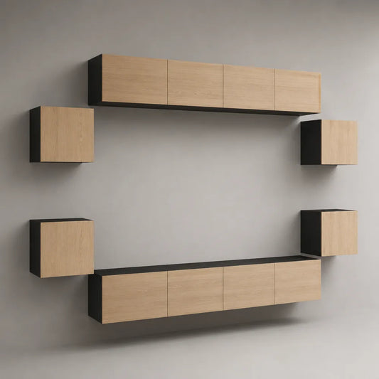 Ensemble mural meuble TV 260 x 200 x 35 cm MDF mélaminé chêne clair et noir modules suspendus rectangulaires
