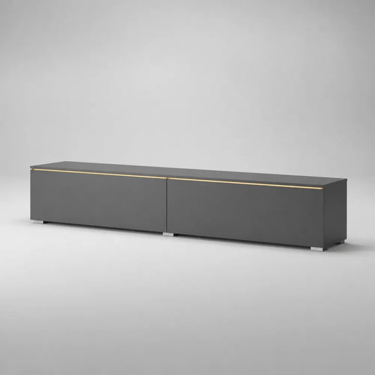 Meuble TV bas 200 x 40 x 35 cm MDF mélaminé gris anthracite 2 portes sans poignée bande LED dorée forme rectangulaire