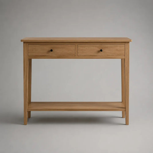 console d'entrée 100 cm bois effet chêne naturel 2 tiroirs étagère basse poignées noires 100 x 35 x 80 cm