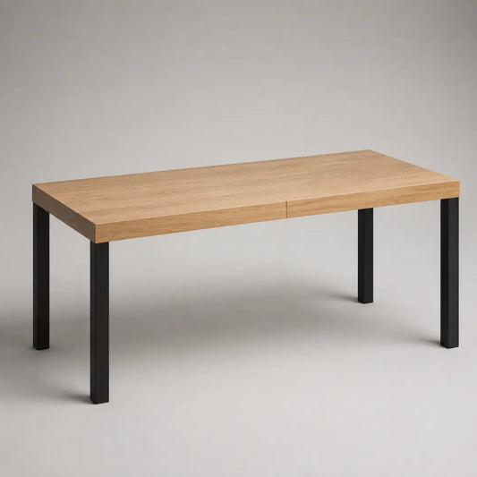 table à manger rectangulaire 140 cm plateau effet chêne clair pieds en acier noir 140 x 80 x 75 cm